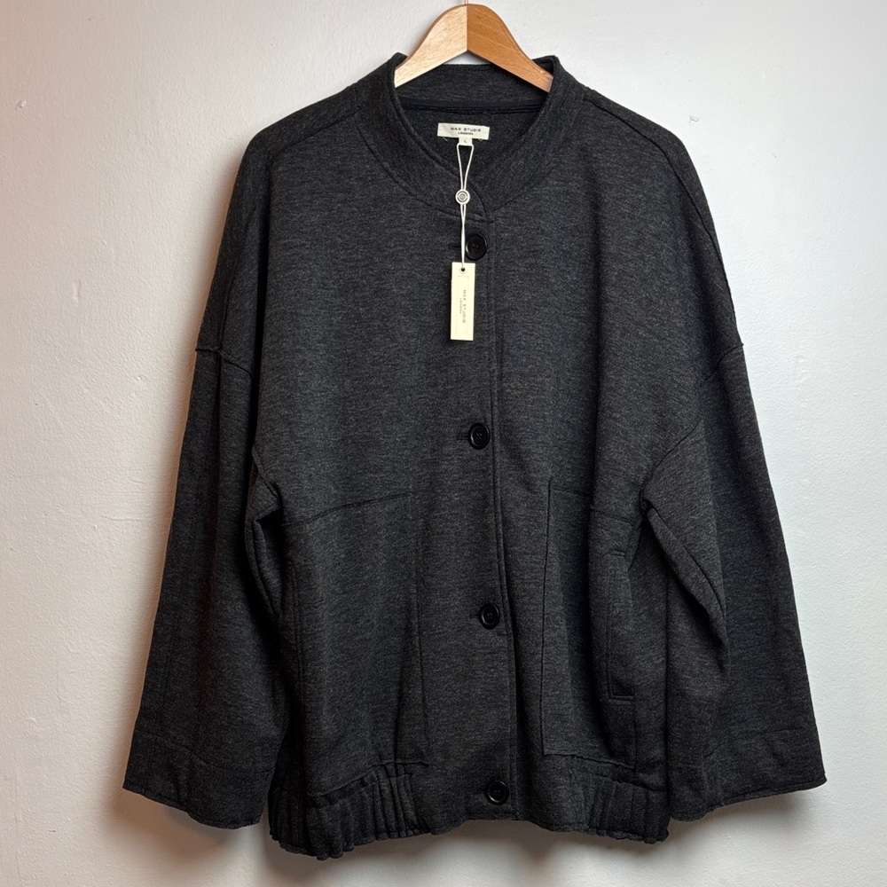 NWT Max Studio London Womens Large Brush Knit Button-Up Bomber Jacket Dark Gray